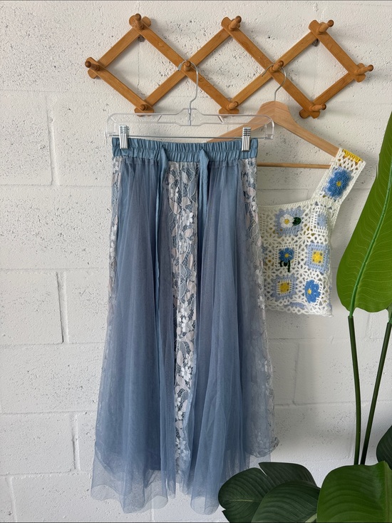 None Dresses & Skirts - Boho Dusty Blue Lace-Panel Tulle Maxi Princess Skirt